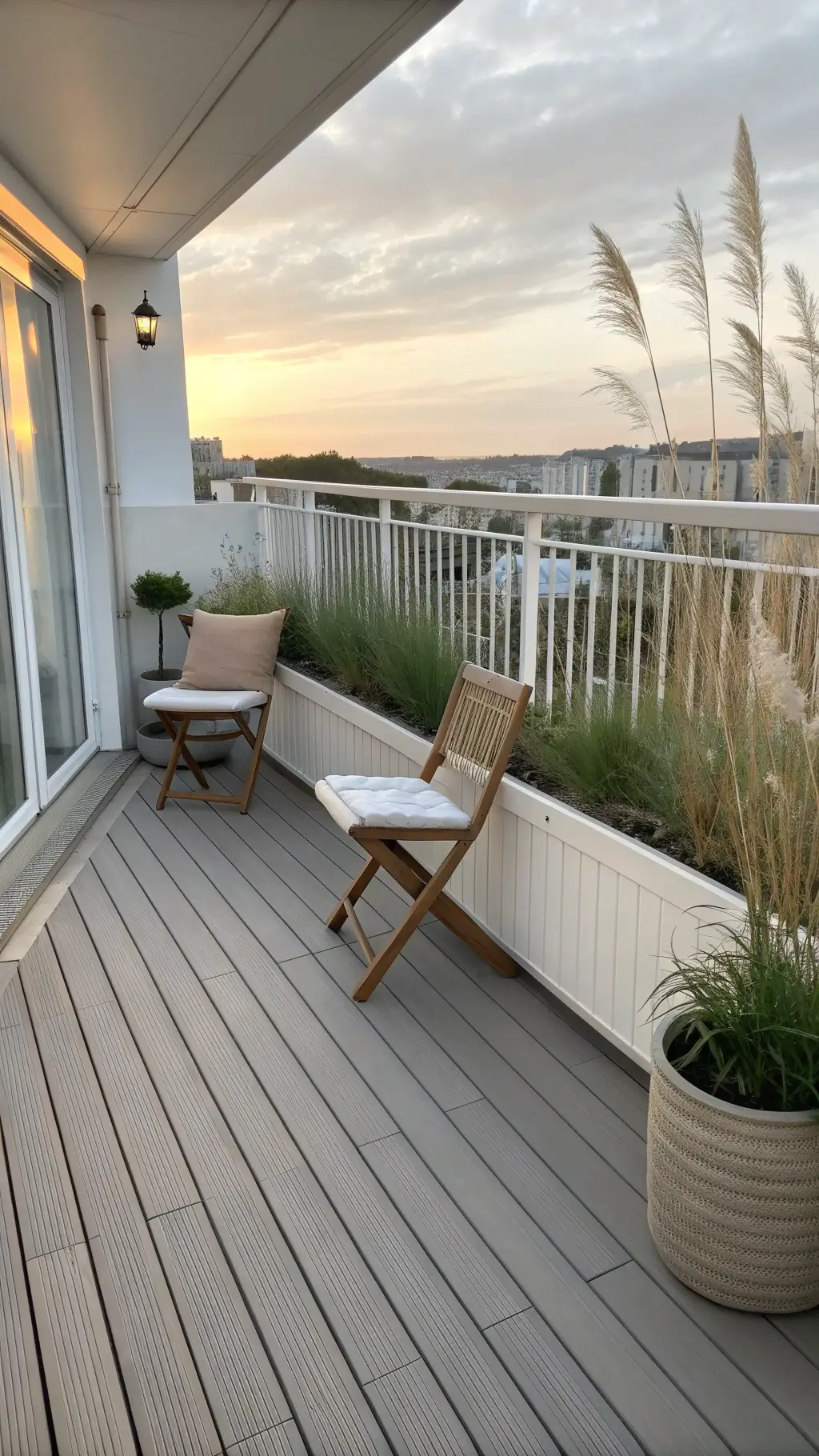 Scandinavian-style balcony at sunrise featuring gray composite decking, built-in bench, white railing planters with Nordic grasses, foldable acacia wood director's chairs with blush canvas seats, and sheer privacy curtains.