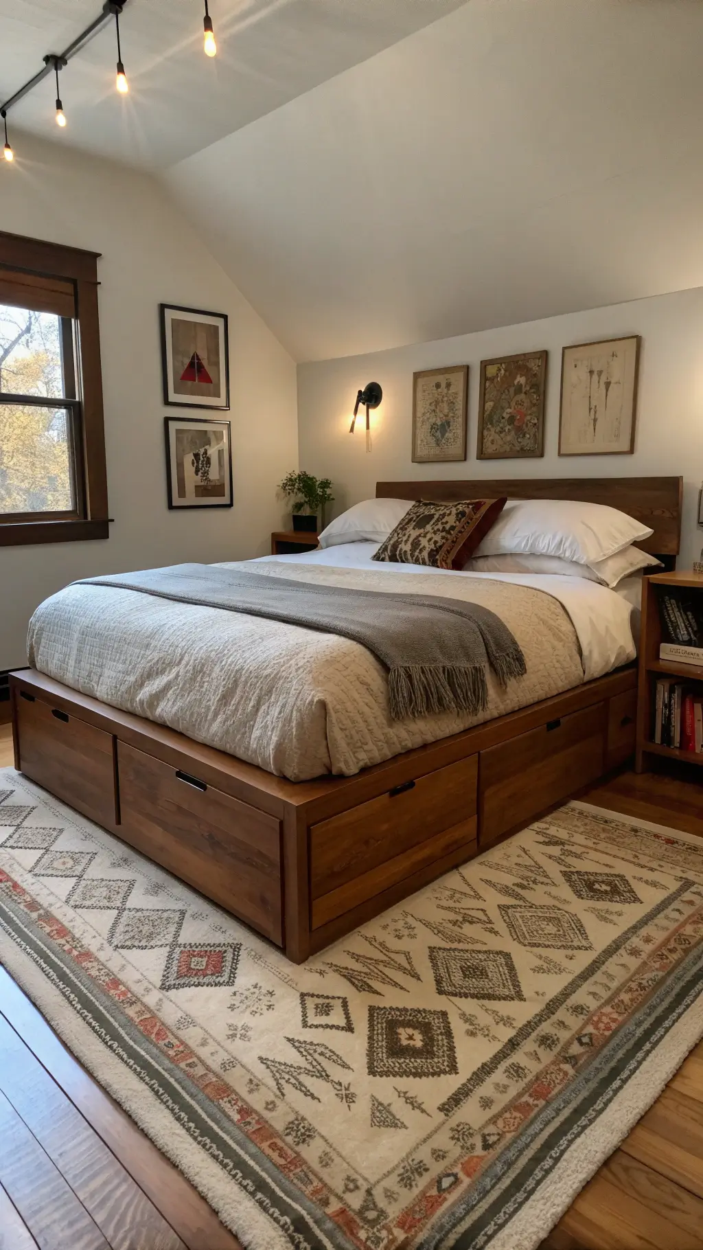 Cozy 11x13ft bedroom with dusky light, featuring a platform bed with integrated storage, rough linen and smooth leather textures, collection of abstract earth-toned prints, and vintage kilim rug.