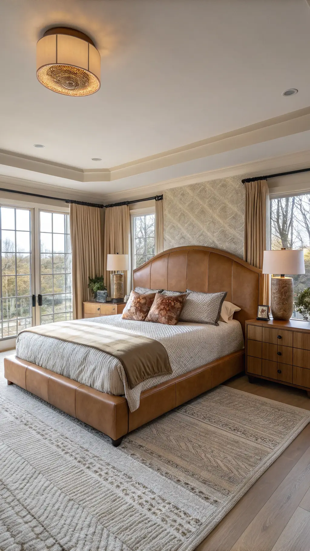 Primary suite bathed in golden morning light featuring camel leather bed, floating bleached oak nightstands with hidden lighting, layered window treatments in natural fibers, and handcrafted pottery collection.