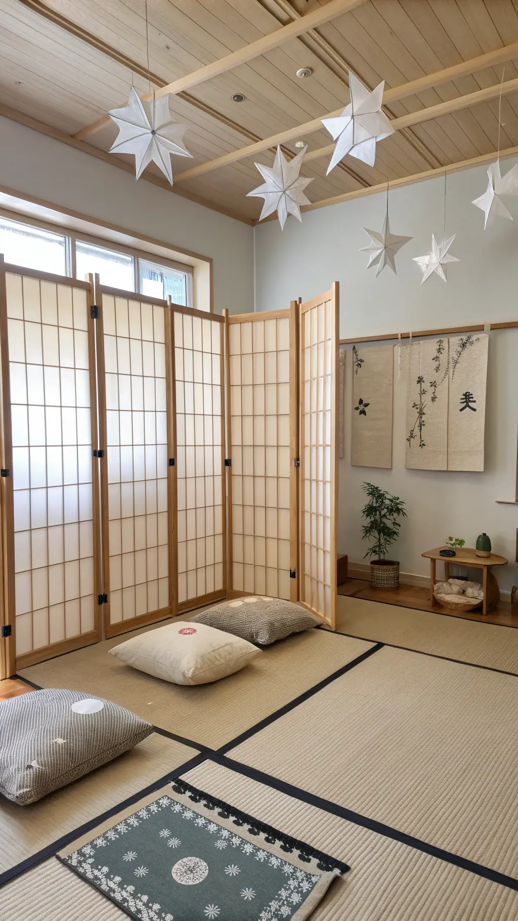 Light-soaked Japanese-inspired 10'x12' nursery with shoji screen divider, low-profile furniture, origami mobile, and tatami mat reading area with floor cushions, emphasizing horizontal lines and spatial flow.