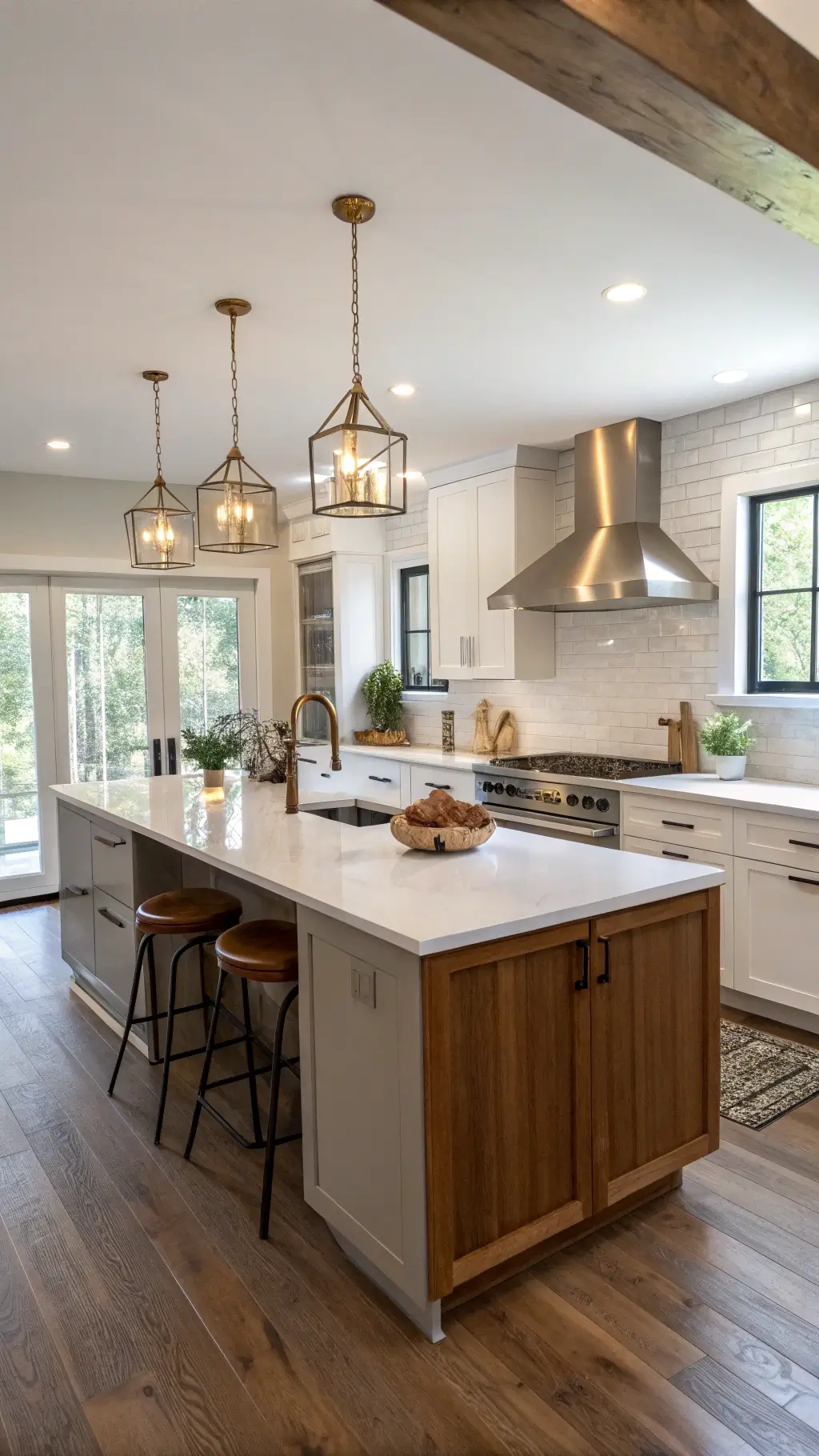 Open-concept 15x18ft kitchen with modern white quartz waterfall island, vintage oak butcher block, retro brass pendant lights, mix of modern and vintage cookware, and natural light streaming from floor-to-ceiling windows.