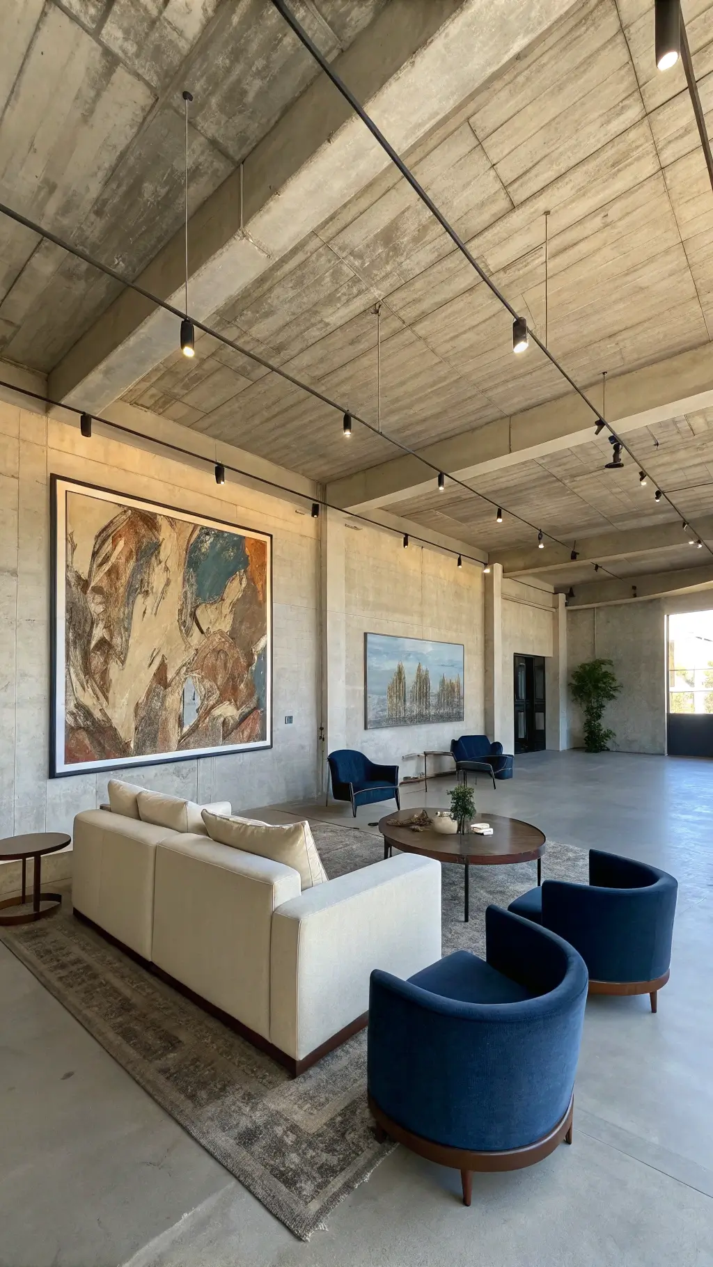 Open-concept room with concrete ceiling, cream sofa, blue accent chairs, and a large abstract canvas on the wall, illuminated by morning light through skylights.