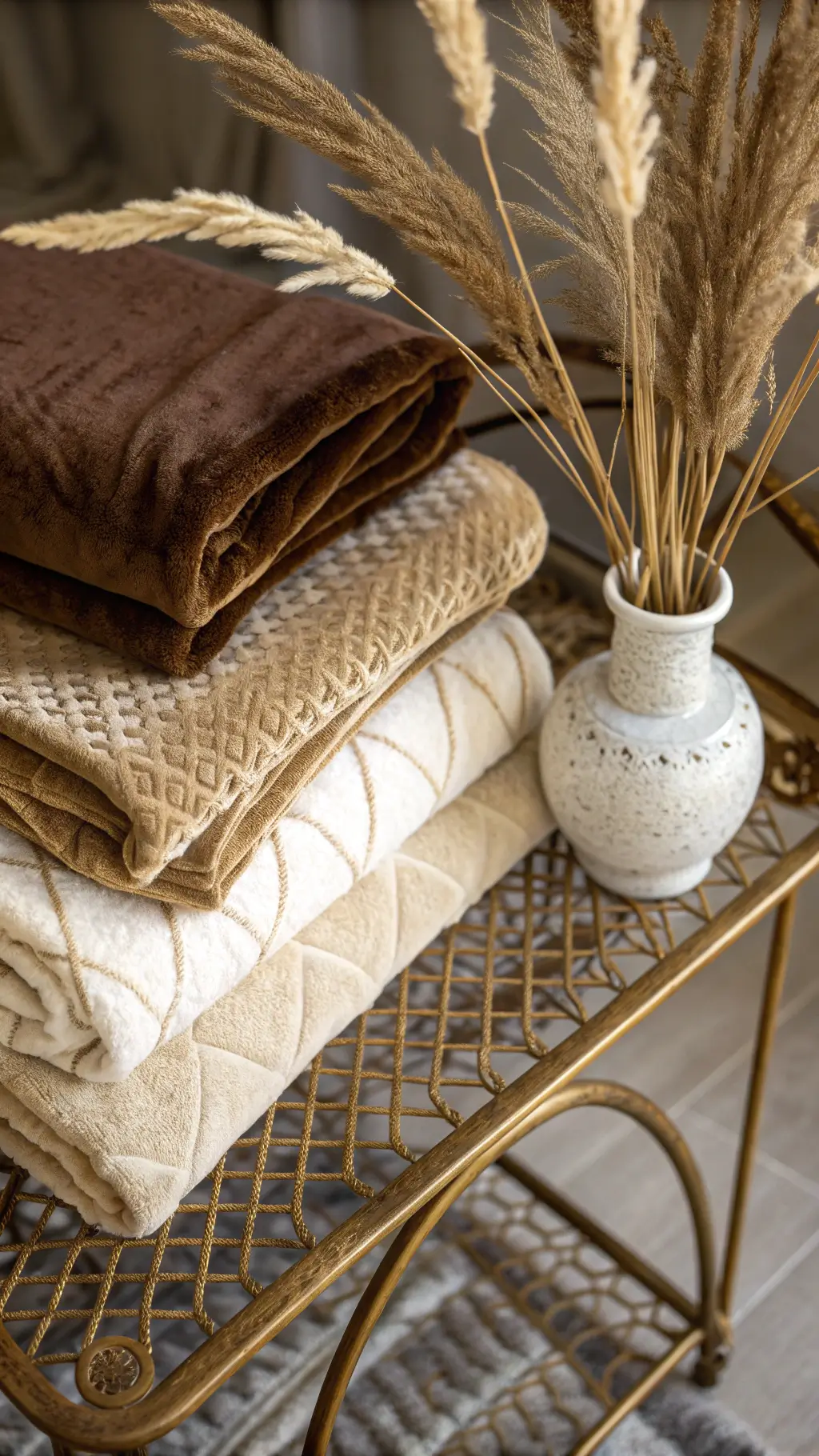 Overhead view of tonal brown and cream velvet, wool, and linen textiles layered on a vintage brass side table with ceramic vessel and dried pampas grass, with soft lighting enhancing the material textures.