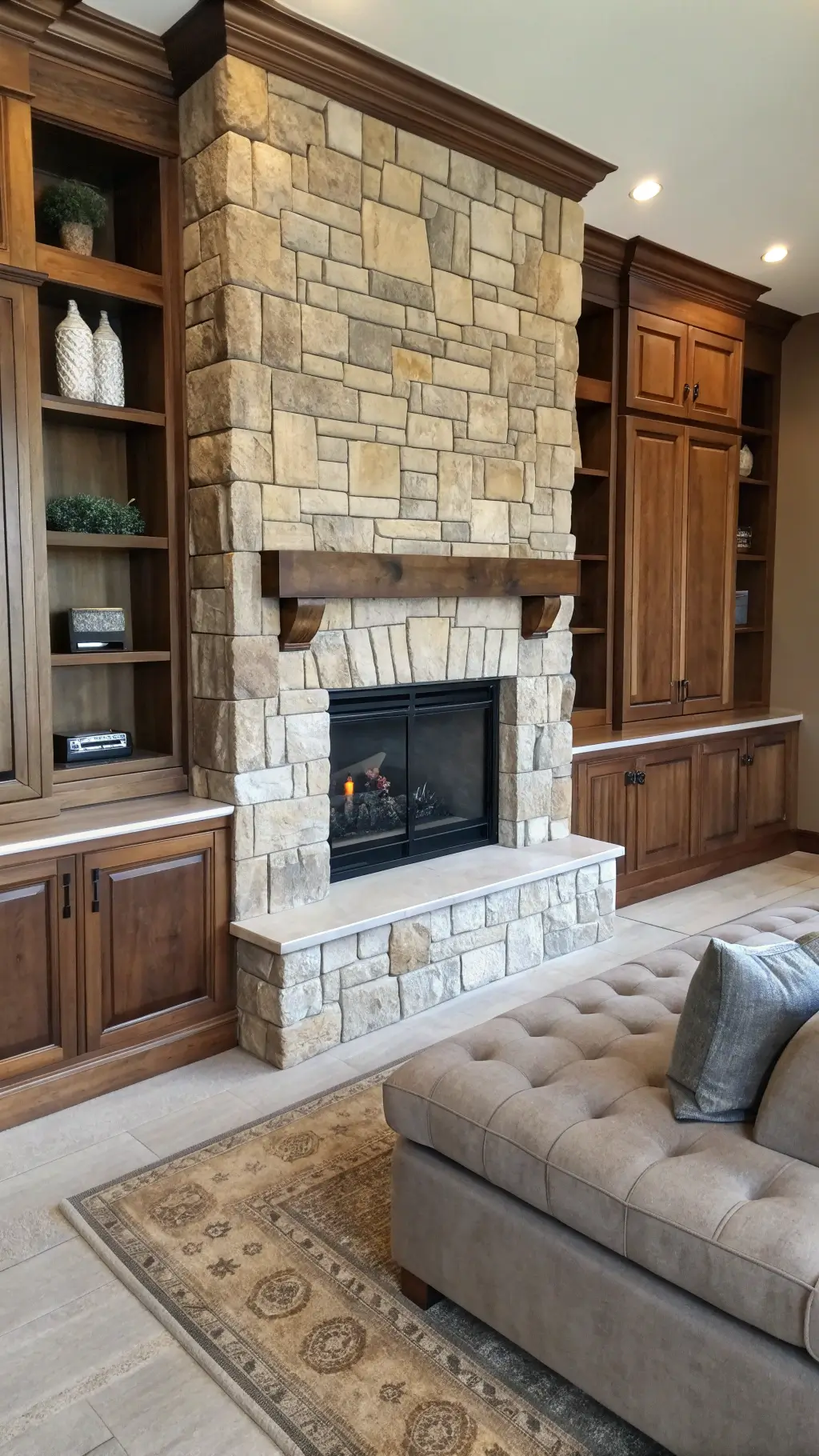 Elegant living room with stone fireplace wall, wooden built-ins, low-profile velvet seating and mixed metal accents highlighting architectural features and material transitions.