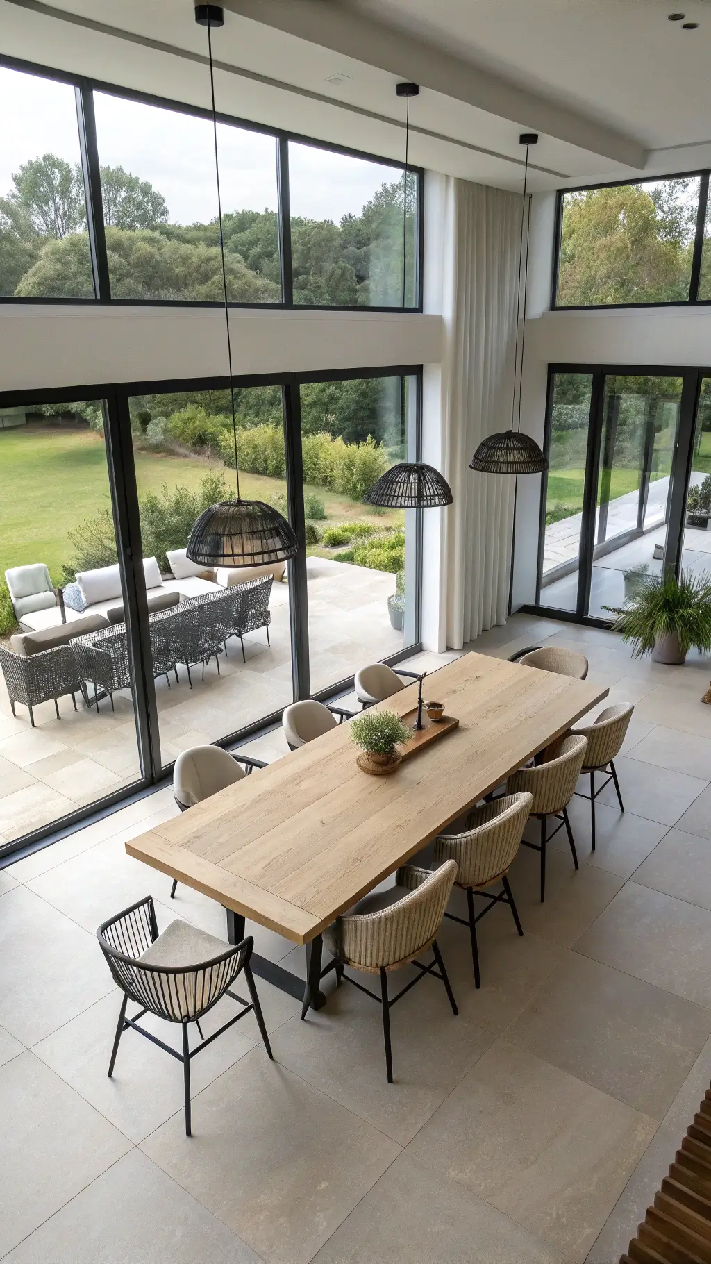 Elevated view of an airy 20x25ft great room with large dining area featuring a 90-inch white oak table on a black steel base, eight chairs in natural hemp fabric, three black pendant lights suspended at varying heights, large windows with garden views, and pale limestone flooring, shot from the mezzanine.