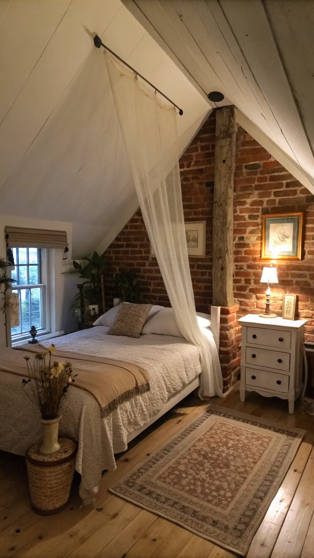 Attic bedroom at dusk with a vintage aesthetic, featuring a four-poster bed, exposed brick chimney, ceramic vases with dried wildflowers and an oil lamp, captured with a wide-angle shot.