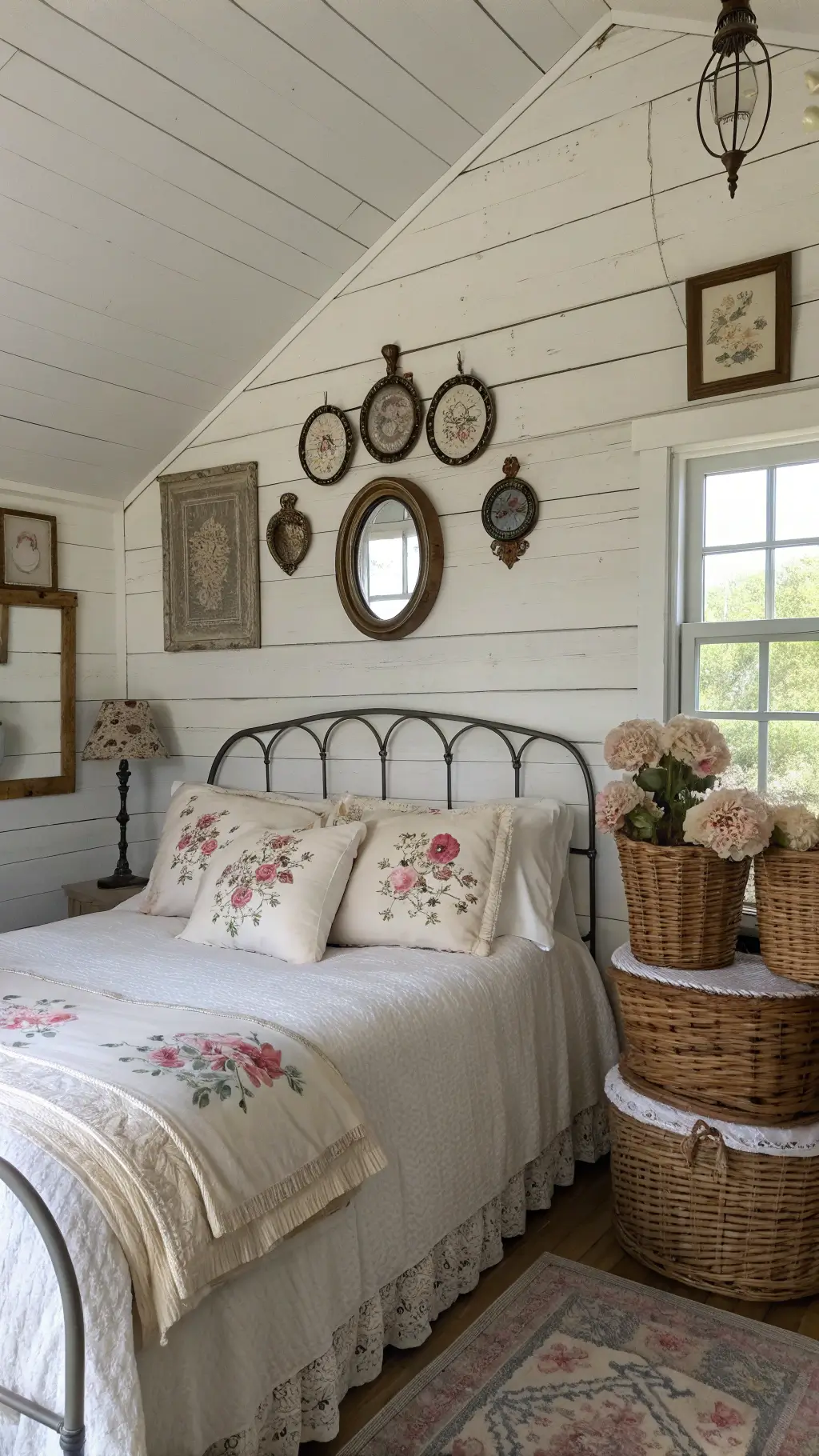 Vintage bedroom corner with iron daybed adorned with antique lace and floral embroidered pillows, wicker baskets filled with dried hydrangeas, and wall of mirrors reflecting dawn light.