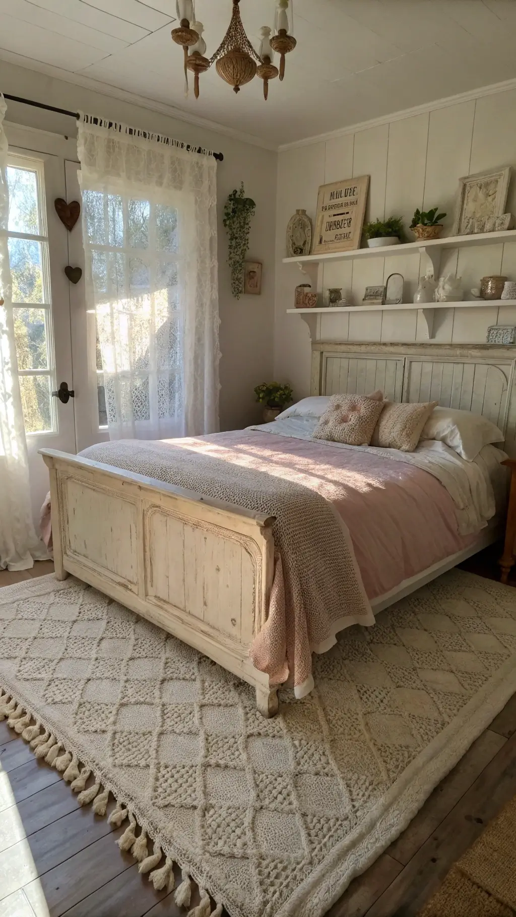 High-angle view of a vintage style 13x15ft bedroom in afternoon sun, featuring a distressed cream-colored bed, pale pink chenille bedspread, antique teacup and herb collection, and a neutral-toned braided wool rug.