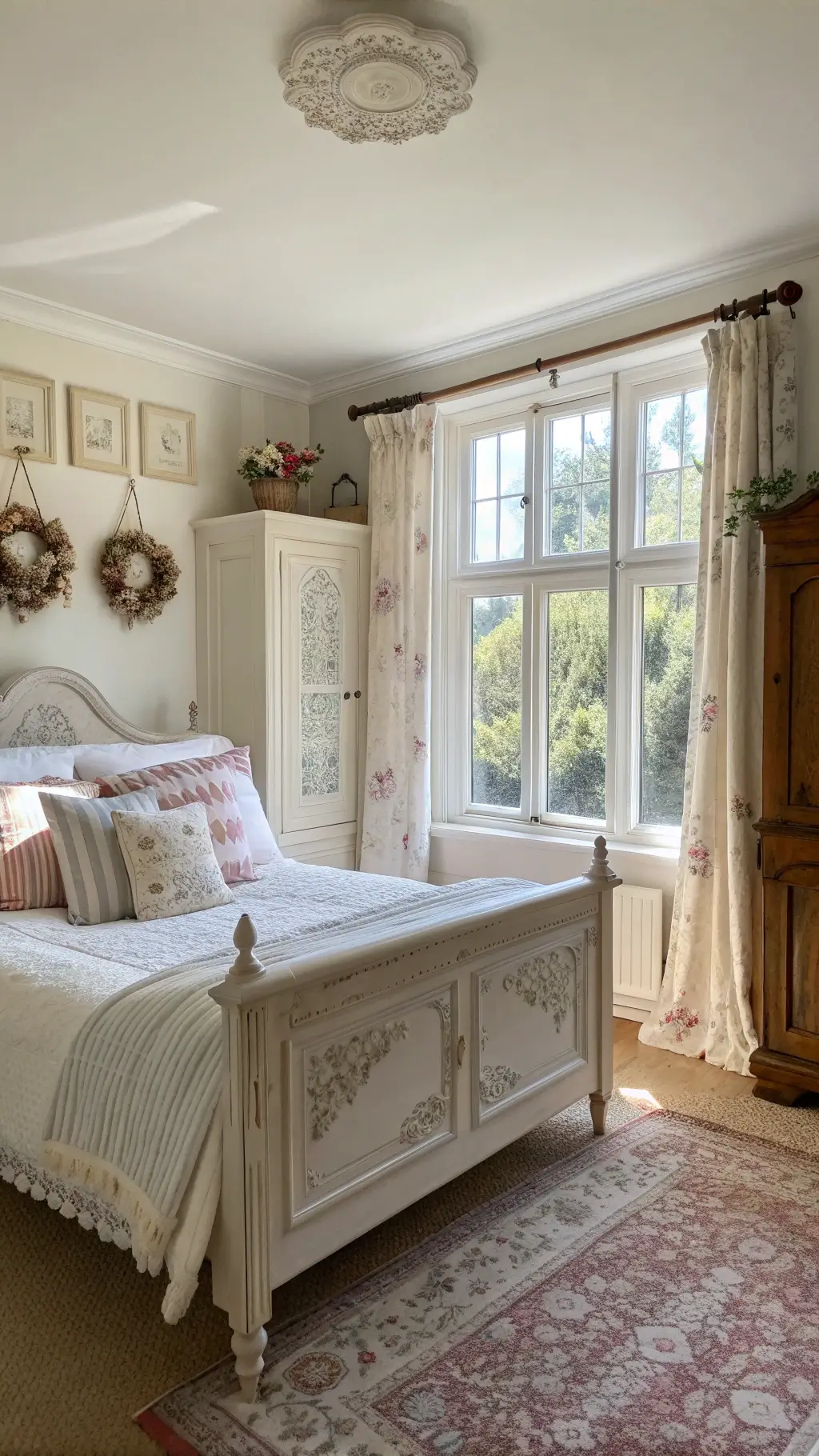 Vintage-style bedroom filled with morning light showcasing a white painted carved wooden bed, antique armoire, vintage ticking stripe and faded floral pillows, dried flower wreaths, vintage lace curtains, and white ironstone collection.