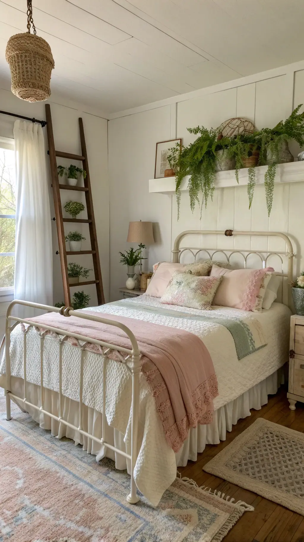 Vintage-style bedroom bathed in dawn light featuring cream wrought iron bed with layers of pastel linens, antique quilts on a weathered ladder, white pottery on floating shelves, filtered light through linen roman shades and potted ferns for added greenery.