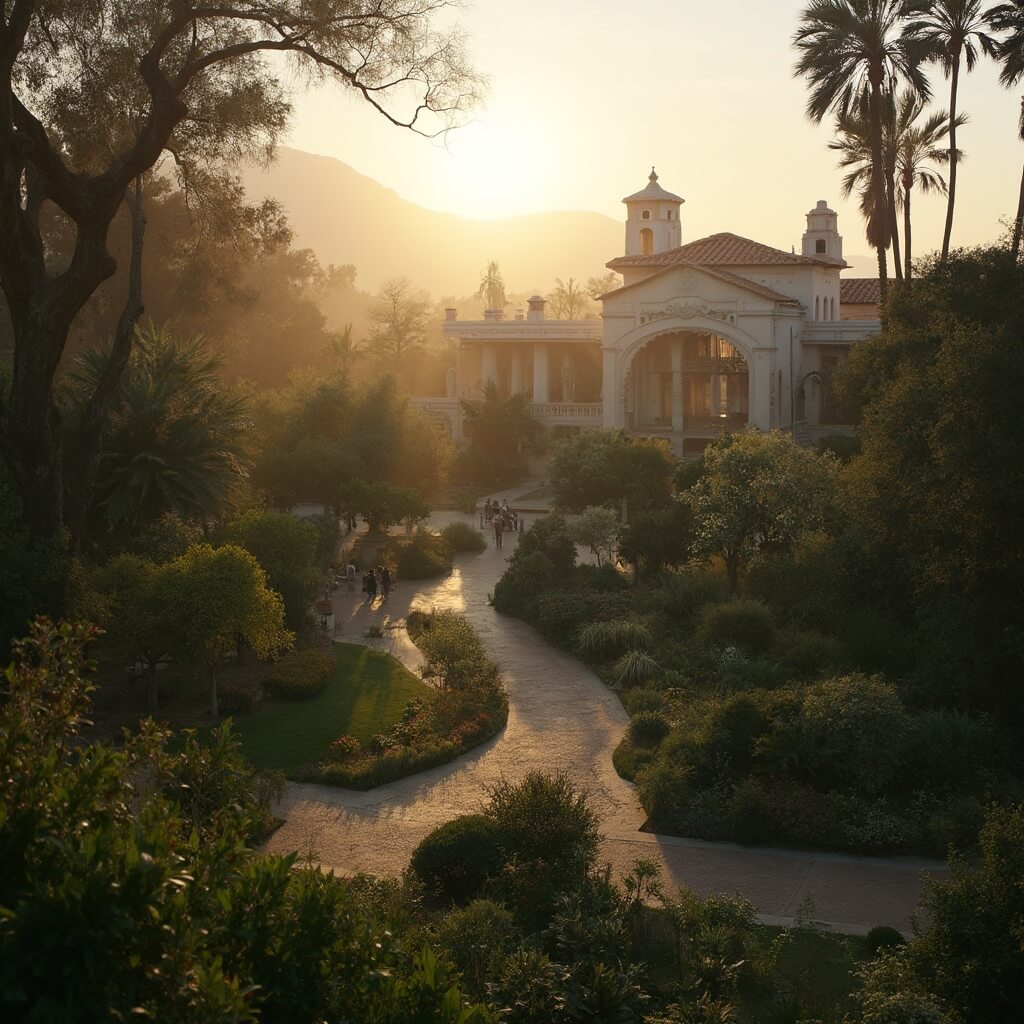 Sunrise at Balboa Park with lush gardens, pathways, and Spanish Colonial Revival architecture