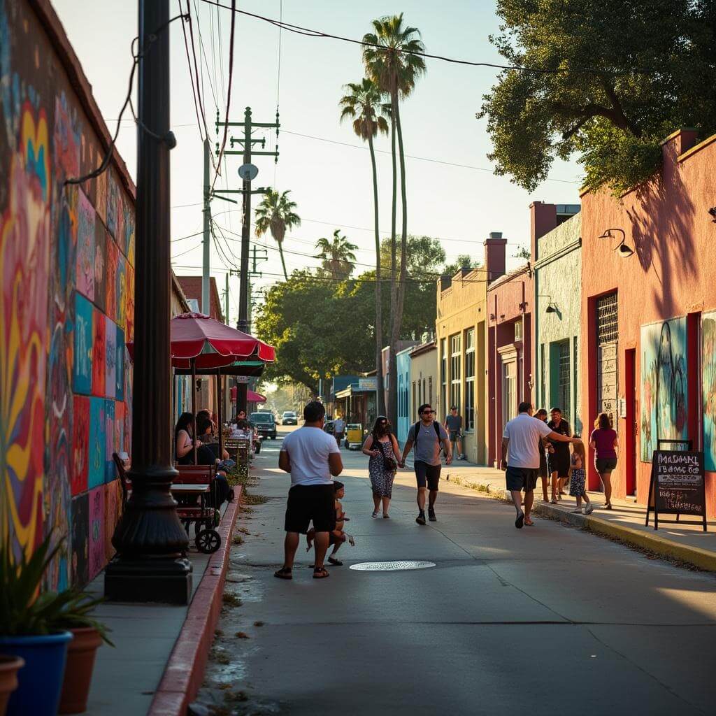 Colorful murals in a vibrant Mexican-American neighborhood in Barrio Logan with local residents walking past traditional architecture and street vendors in afternoon light