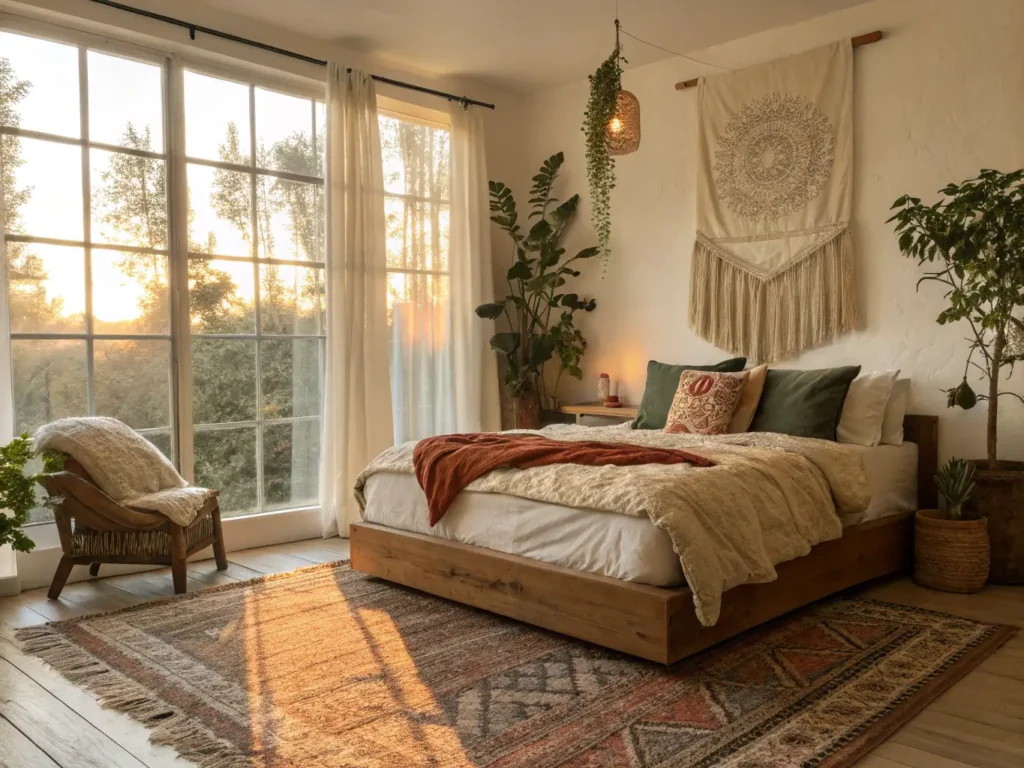 "Boho bedroom bathed in golden hour light with earth-toned decor, vintage features and plenty of greenery"