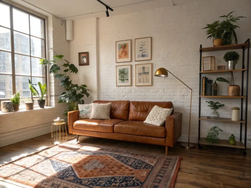 "Sunny, budget-friendly boho apartment with mid-century leather sofa, vintage Persian-style rugs, botanical prints in brass frames on gallery wall, and decor accents like rattan pendant light and macramé wall hanging."