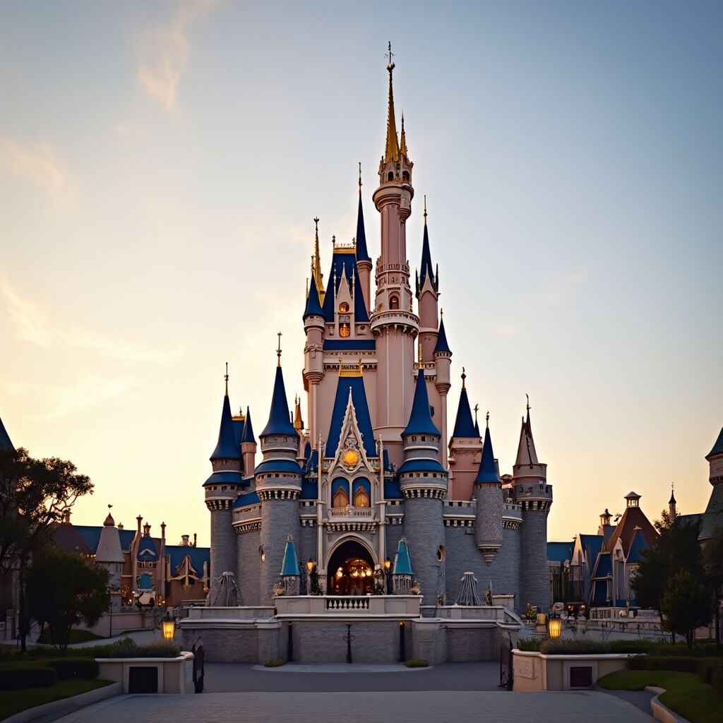 Panoramic sunrise view of Cinderella Castle at Magic Kingdom with no people, highlighting the architectural grandeur with soft golden light.