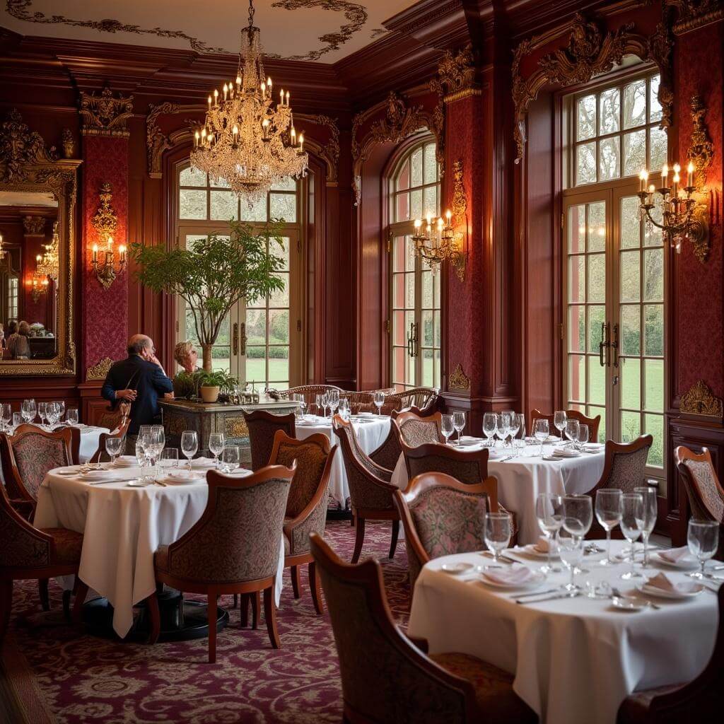 Victorian-style Club 33 dining room with burgundy walls, crystal chandeliers, white tablecloths, overlooking a park in golden afternoon light