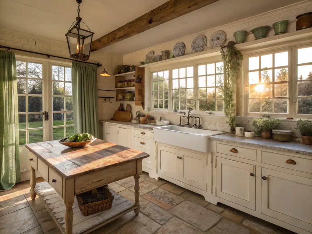 "Spacious country kitchen with cream shaker cabinets, copper sink, vintage farmhouse table, butcher block island, mason jars of lavender, Carrara marble countertop, and antique enamelware under warm golden hour sunlight."