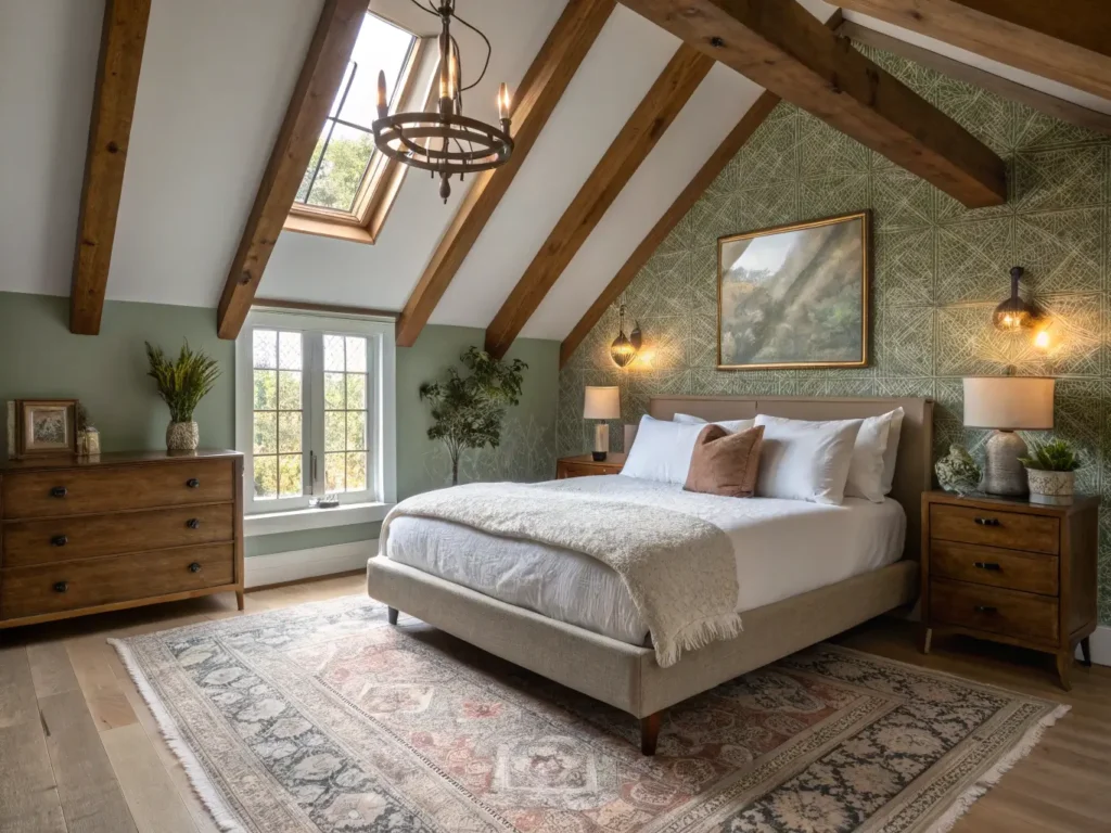"Cozy attic bedroom conversion with exposed wooden beams, queen-size bed, antique decor, and warm lighting from dormer window during golden hour, shot in 8K resolution on Canon EOS R5."