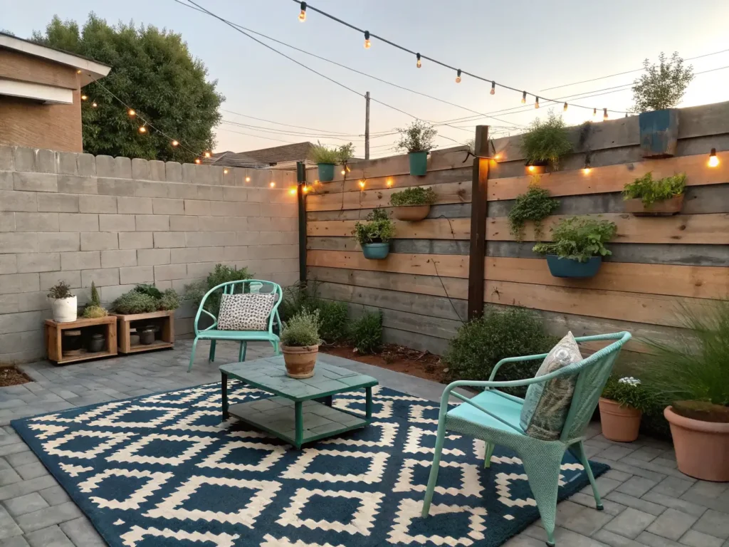 "Cozy and beautifully adorned 20x20ft patio at sunset with mint green chairs, rustic wooden coffee table, string lights, potted Mediterranean herbs and succulents, DIY garden wall, bamboo screen, macramé pillows, mason jar candles, and solar-powered path lights."