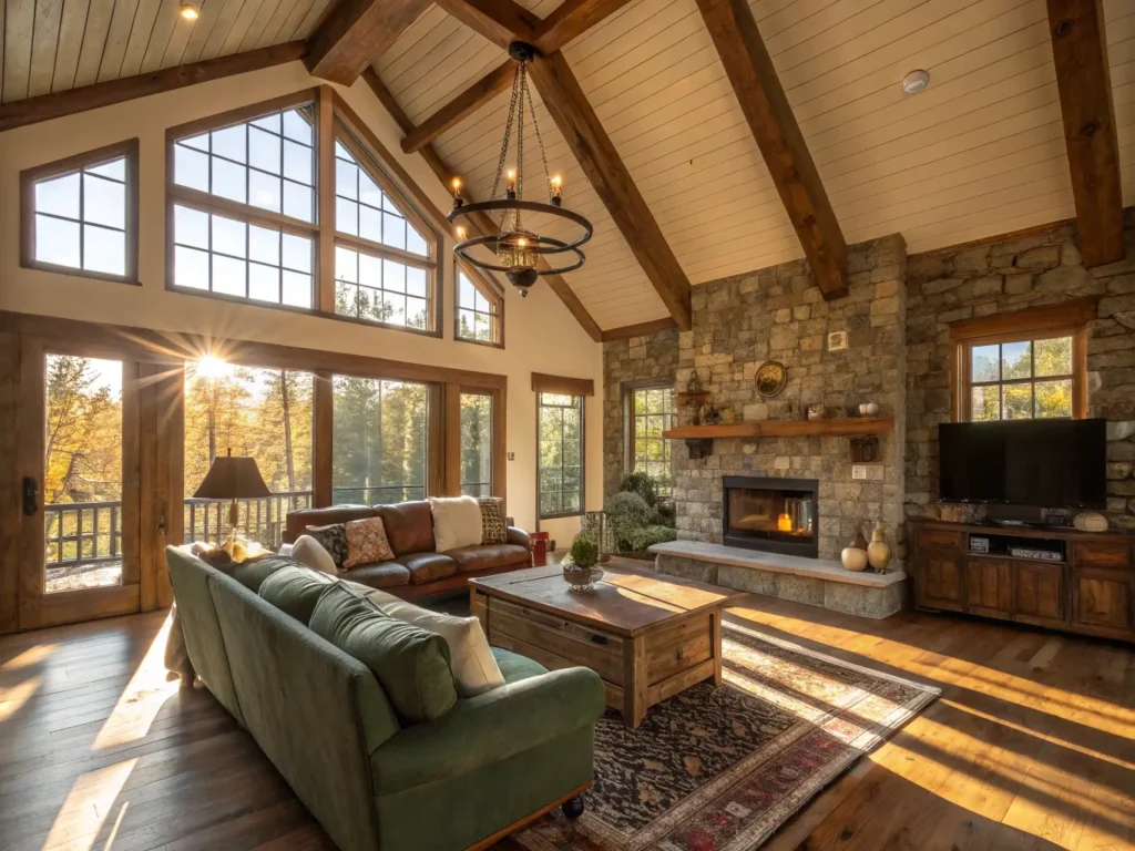 "Cathedral-ceiling living room with golden hour sunlight, leather sectional with knit throws, stone fireplace, sheepskin rugs, and brass accents in a cozy cabin aesthetic"
