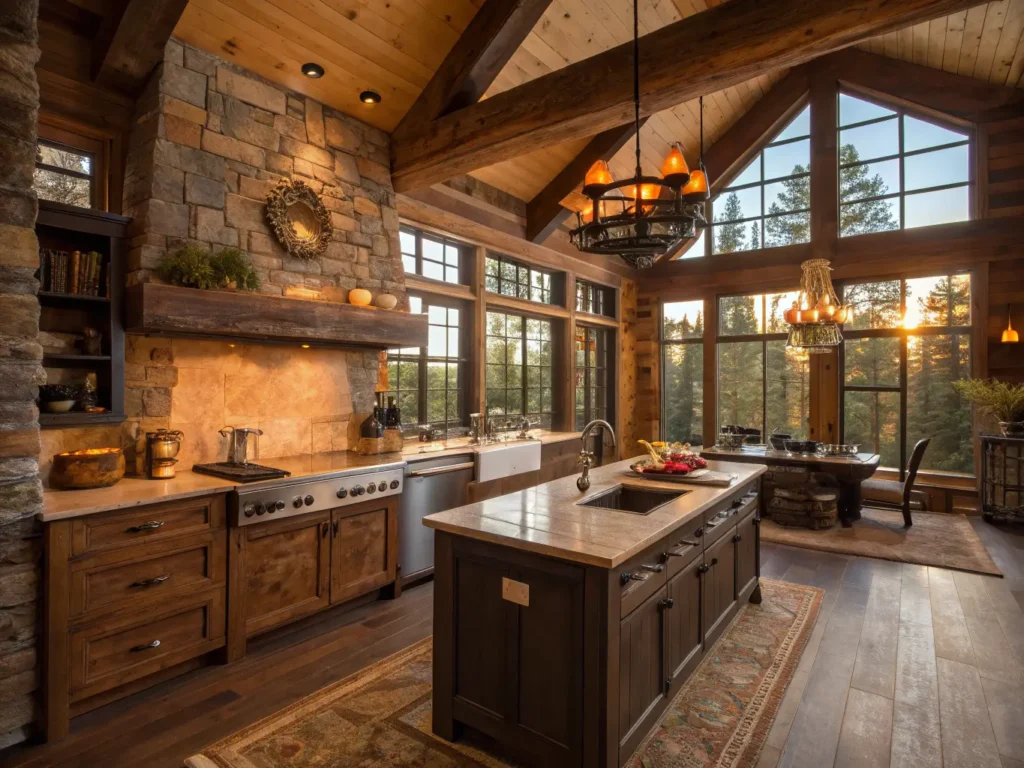 "Rustic and elegant cabin kitchen with exposed beams, stone fireplace, and wooden island in warm golden hour lighting"