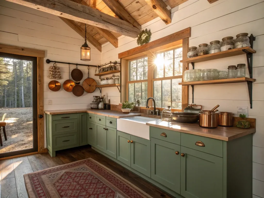 "Rustic cabin kitchen interior with natural sunlight, sage green cabinets, exposed wooden beams, open shelving, stone backsplash, farmhouse sink, cast iron cookware, and butcher block island."