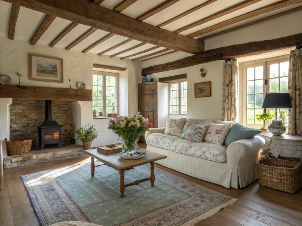"Cottage living room at golden hour featuring a cream sofa, vintage decor, botanical prints, and a limestone fireplace, shot in 8K ultra HD."