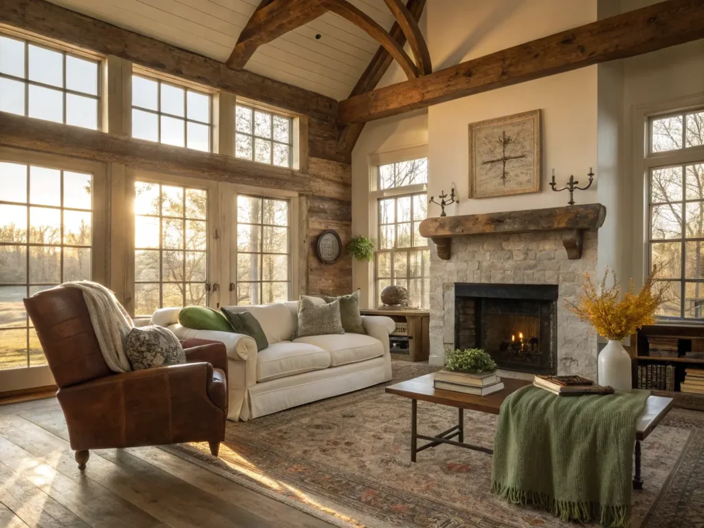 "Farmhouse living room with rustic charm, featuring a leather armchair, linen sofa, reclaimed wood beams, and stone fireplace."