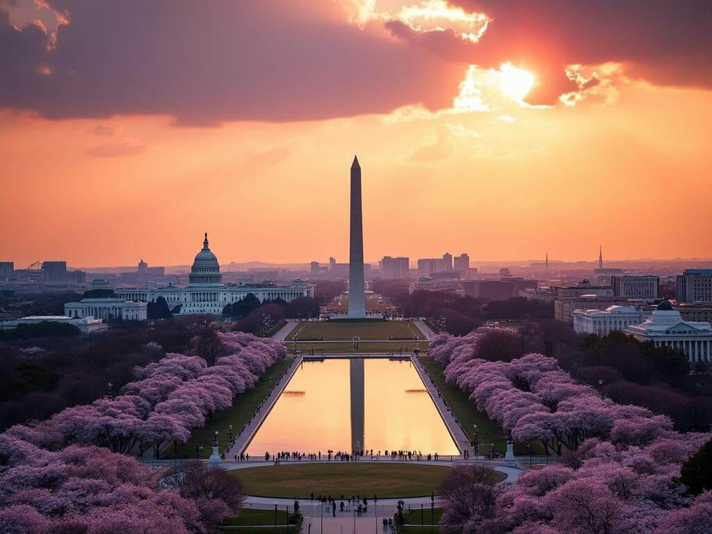 "Aerial view of Washington DC at sunset with National Mall, Capitol Building, Washington Monument, and Lincoln Memorial in alignment, cherry blossom trees in full bloom, and reflection on Potomac River."
