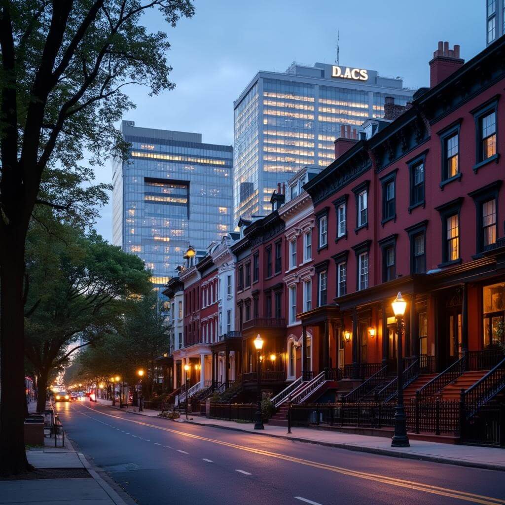 Dusk in D.C. showcasing the contrast of historic row houses and modern glass-and-steel office buildings, highlighted by tree-lined streets and warm street lamp glow