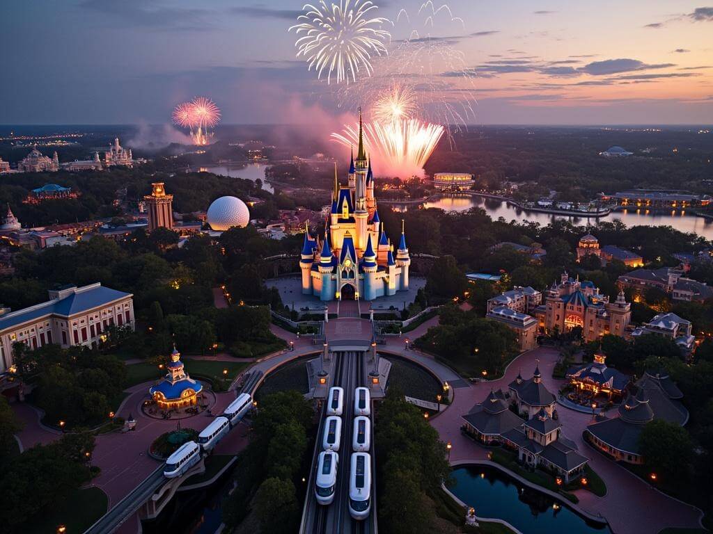"Aerial view of Walt Disney World Resort at dusk, featuring illuminated Cinderella Castle, EPCOT's sphere, Hollywood Studios' Tower of Terror, Animal Kingdom's Tree of Life, fireworks, monorails, resort hotels and Disney Springs waterfront."