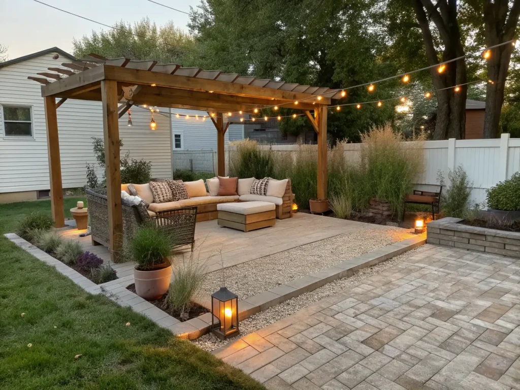 "Budget-friendly, DIY backyard patio at golden hour featuring a herringbone-patterned paver foundation and weathered teak furniture under a pergola with Edison lights"