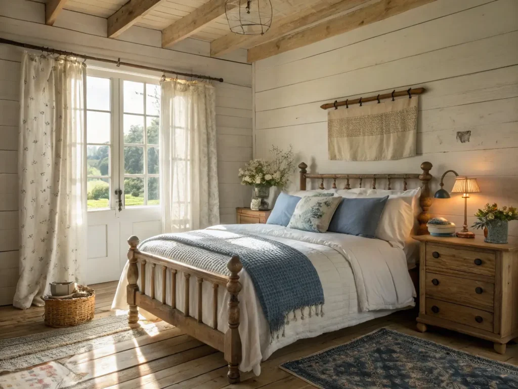 "Sunny country bedroom with oak bed, vintage furnishings, and natural light filtering through linen curtains"