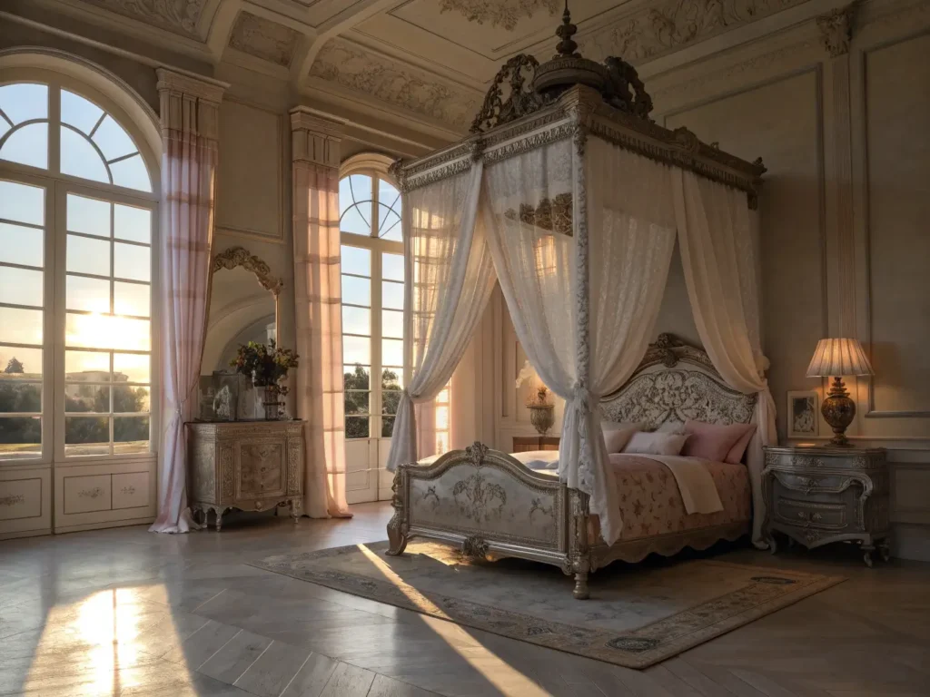 "Luxurious fairytale bedroom with ornate silver canopy bed and French provincial furniture bathed in golden hour light"