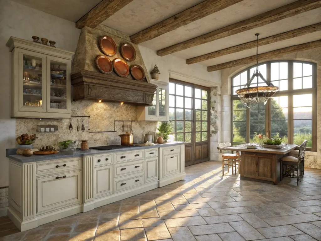 "Sunny French country kitchen with distressed cabinets, limestone hearth, antique ceramics, and vintage accessories in 8K resolution"