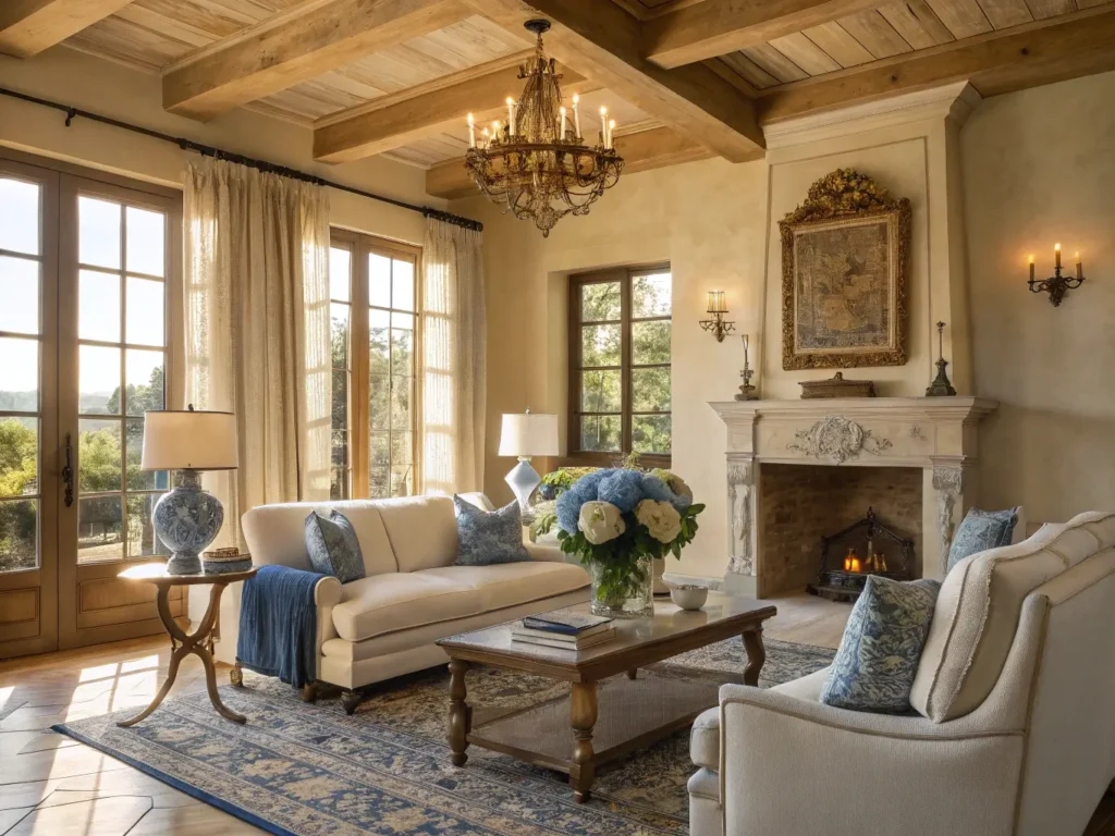 "Sophisticated French country living room in golden hour sunlight with cream sofa, blue velvet chairs, wooden coffee table, and ornate fireplace"