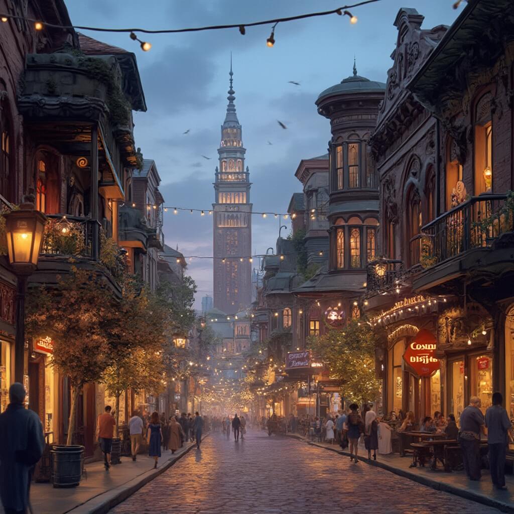 Historical Gaslamp Quarter street scene at dusk featuring bustling activities, warm ambient lights, and restored Victorian-era architecture.