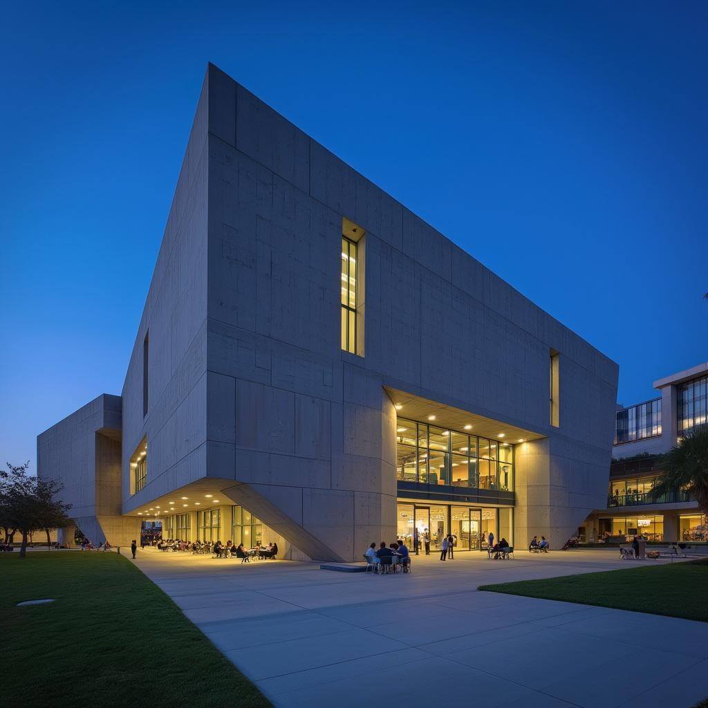 UC San Diego's Geisel Library during blue hour, showcasing its unique geometric design against a deep blue sky with research facilities in the background and students studying inside the illuminated library.