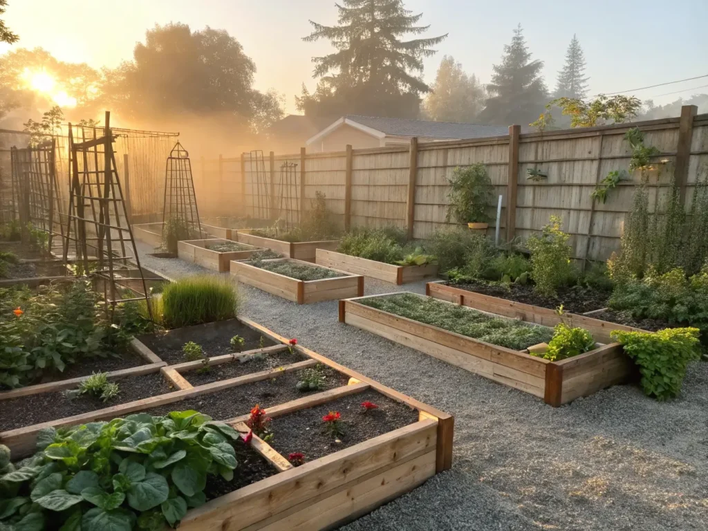 "Backyard vegetable garden with cedar beds arranged geometrically, bathed in morning sunrise light, featuring tomato, pepper plants and leafy greens, framed by a cottage-style fence with vines and morning glories."
