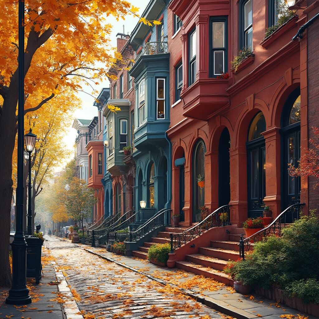 Historic, colorful row houses in Georgetown with autumn leaves on cobblestone street