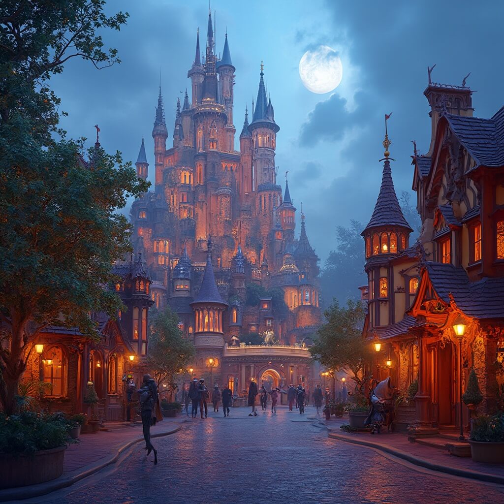 Wide-angle landscape of a colorful theme park featuring intricate architectural designs, dynamic lighting, evoking a sense of wonder and excitement