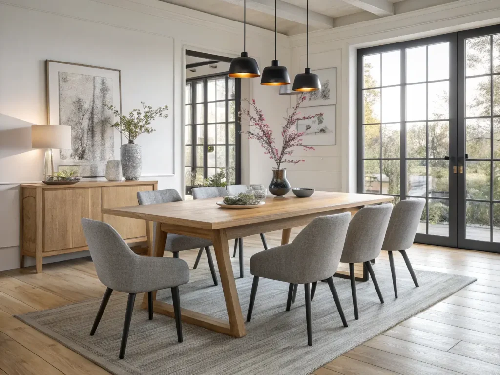 "Modern Japandi dining room with minimalist design, natural blonde oak table, grey linen chairs, floor-to-ceiling windows and zen atmosphere."
