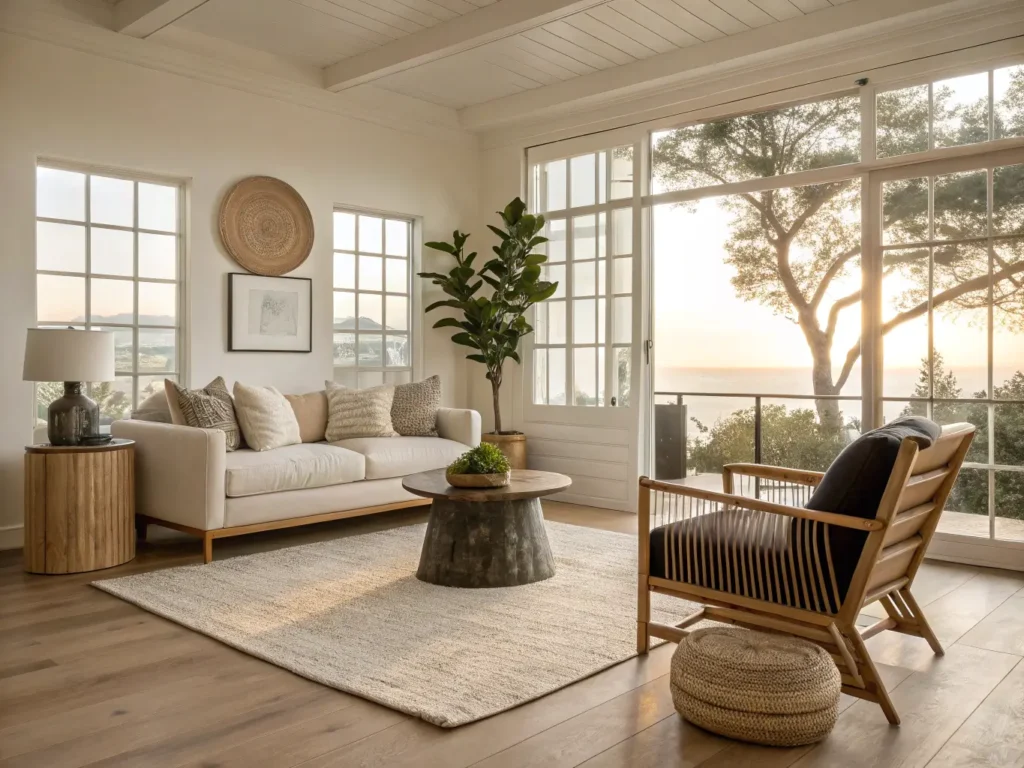 "Minimalist Japandi style living room with serene natural lighting, featuring a blend of Japanese and Scandinavian aesthetics"