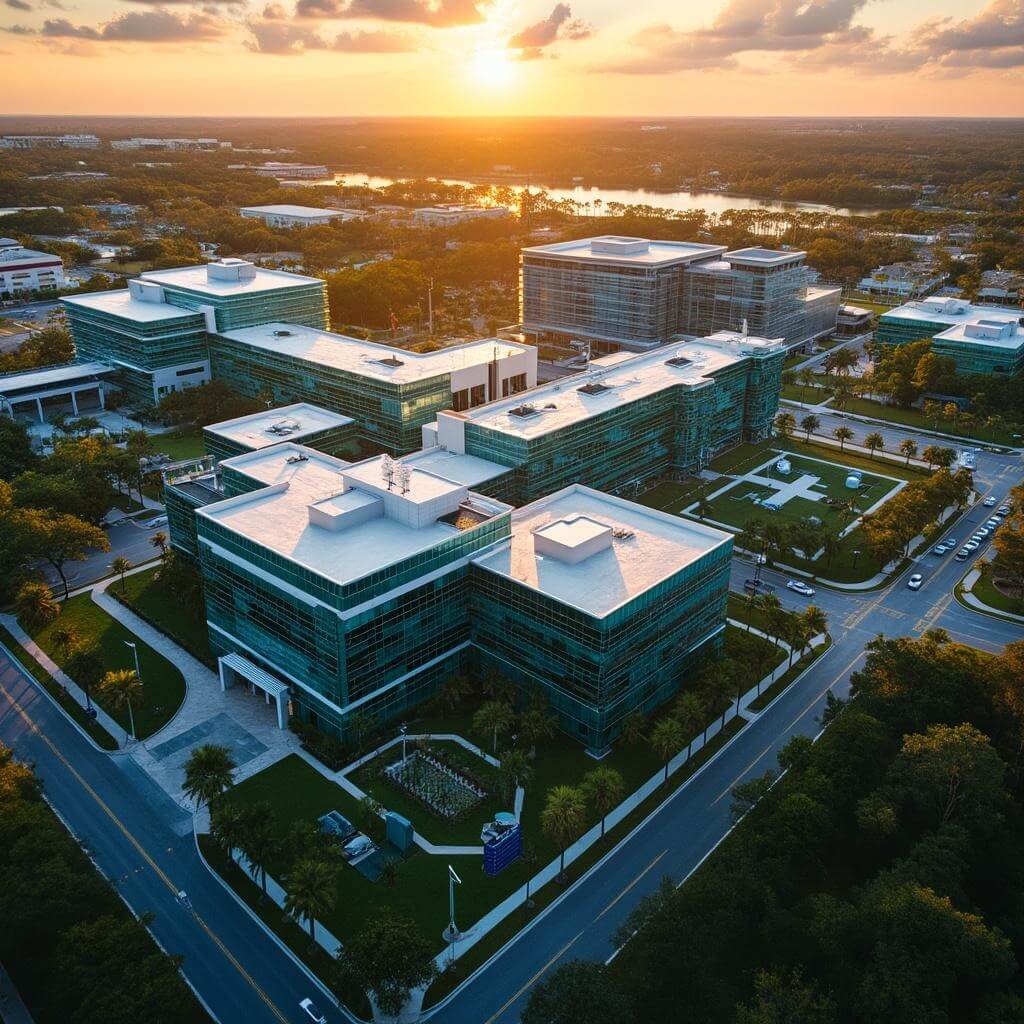 Aerial view of Orlando's Lake Nona Medical City at sunset, showcasing the modern architecture of hospitals and research facilities with sunset reflections on glass buildings and green spaces throughout the campus