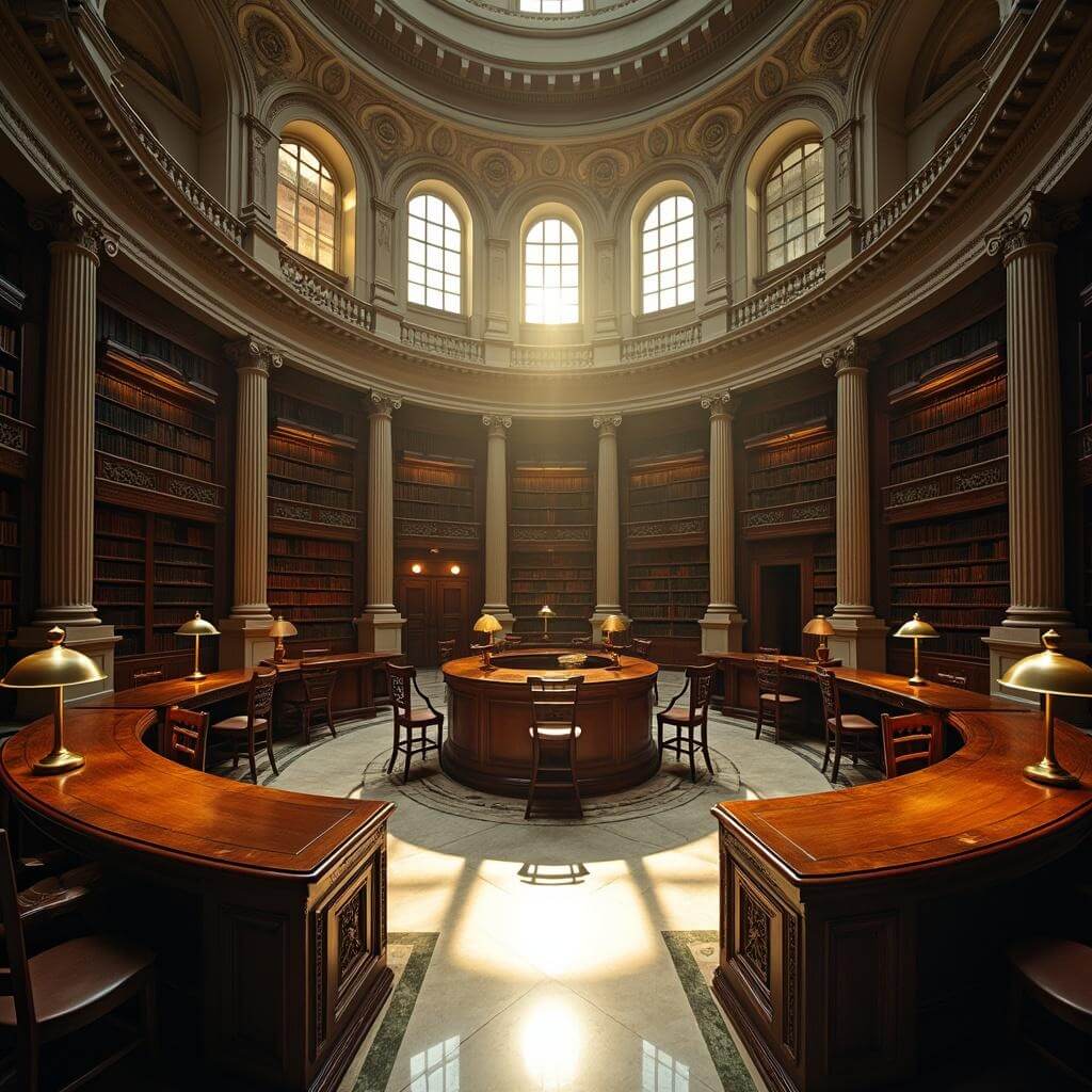 Library of Congress Reading Room during golden hour with ornate columns, carved wooden desks, vintage brass reading lamps, and shadowy marble floors highlighted by natural light from domed ceiling