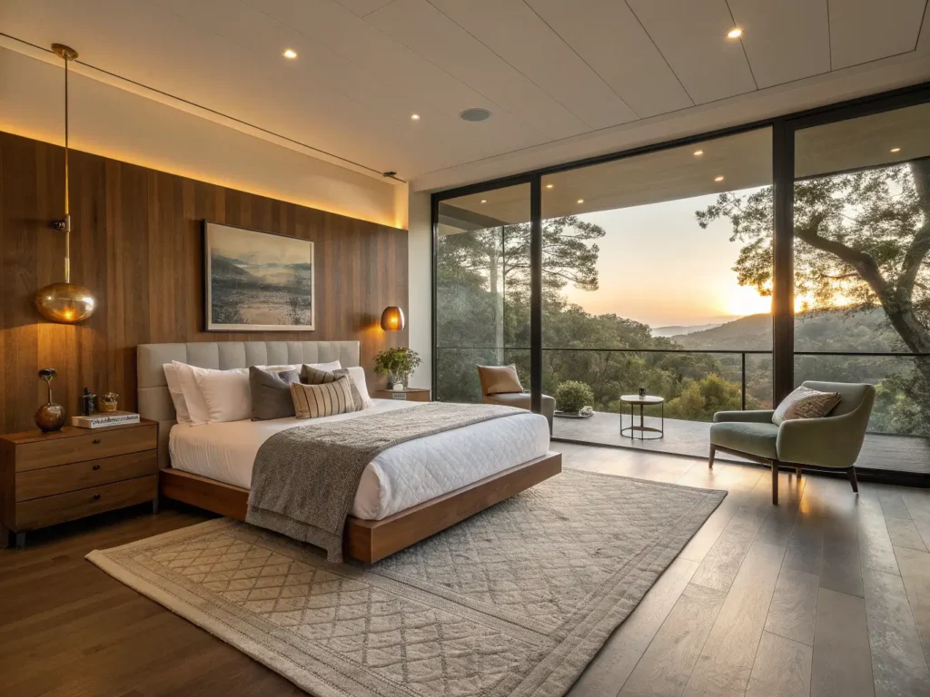 "Luxurious contemporary bedroom with warm lighting, walnut platform bed, brass-accented nightstands, sage green chair, grasscloth accent wall, abstract artwork, and ceramic decoration, during golden hour."