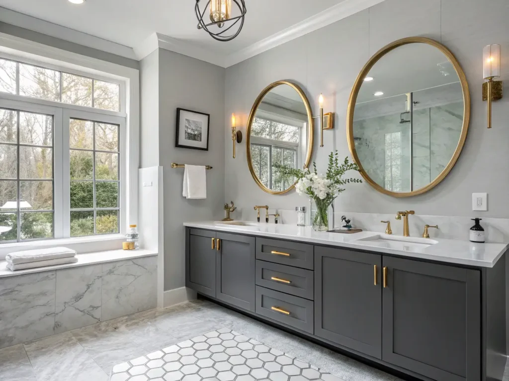 "Elegant master bathroom with floating double sink vanity, gold-framed mirrors, and marble hexagon floor tiles"