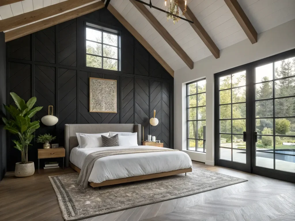 "Modern luxury bedroom with black accent wall, low-profile platform bed, brass wall sconces, and white oak nightstands"
