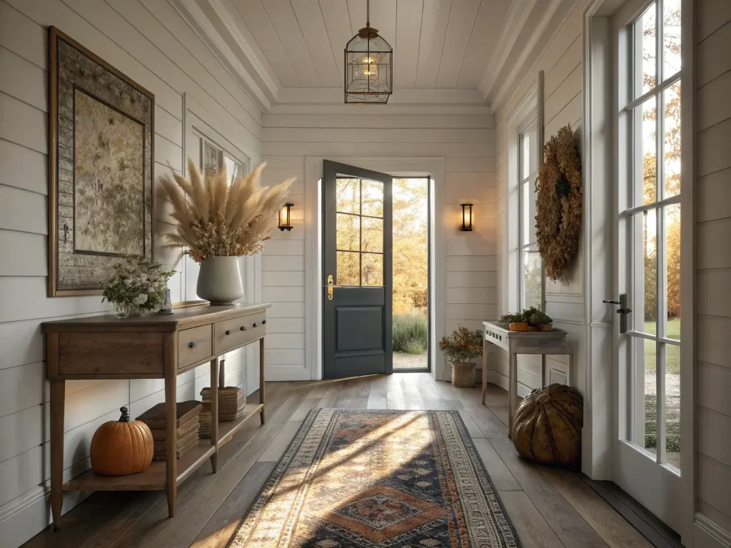 "Autumn-themed modern farmhouse entryway with white shiplap walls, weathered oak console table, vintage runners, and an arrangement of heirloom pumpkins"