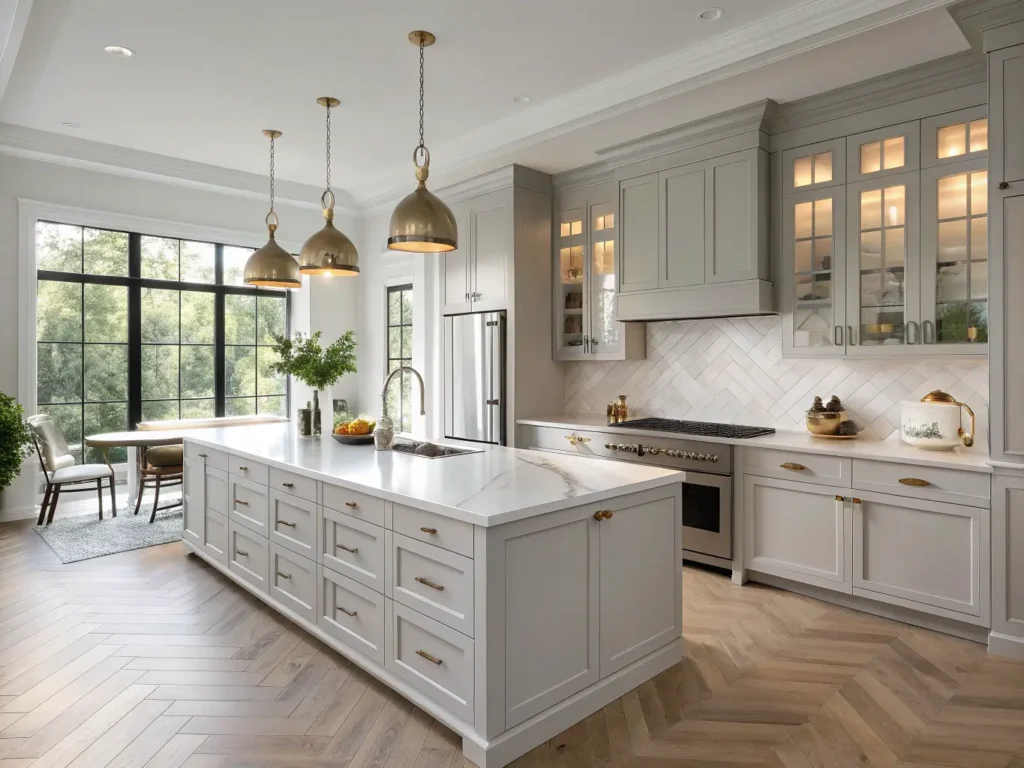 "Modern gray kitchen with brass hardware, white quartz countertops, marble backsplash, and sunshine illuminating oak herringbone flooring"